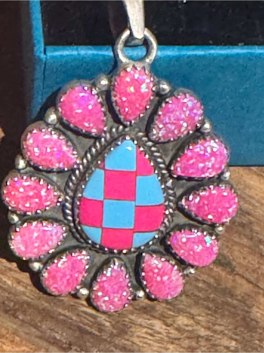 Hot pink opal and Turquoise checkered Stone sterling silver Pendant
